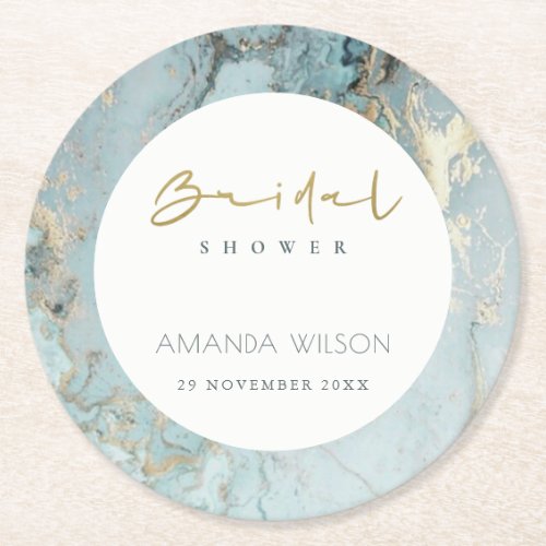 ELEGANT AQUA DUSKY BLUE GOLD AGATE BRIDAL SHOWER  ROUND PAPER COASTER