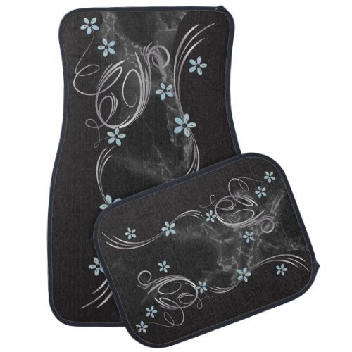 Elegant Aqua Floral and Black Marble Design Car Floor Mat