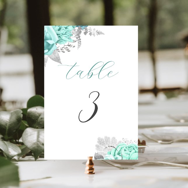 Elegant Aqua Floral Silver Wedding Table Number (Creator Uploaded)