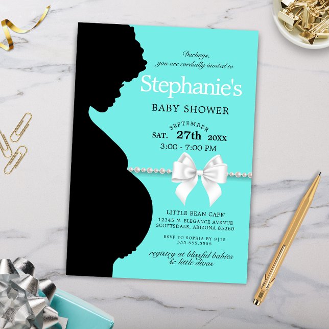 Elegant Aqua Glam Ethnic Baby Shower Invitation (Elegant Simple Ethnic Silhouette Tiffany Theme Baby Shower Invitation with Bow and Pearls)