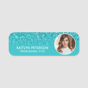 Elegant Aqua Glitter Magnetic Employee Photo Name Tag