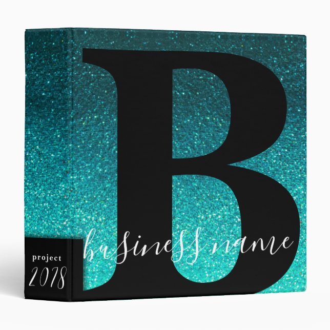 Elegant Aqua Glitter Monogrammed Wedding Cookbook 3 Ring Binder (Front/Spine)