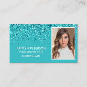 Elegant Aqua Glitter Photo QR Code Business Card