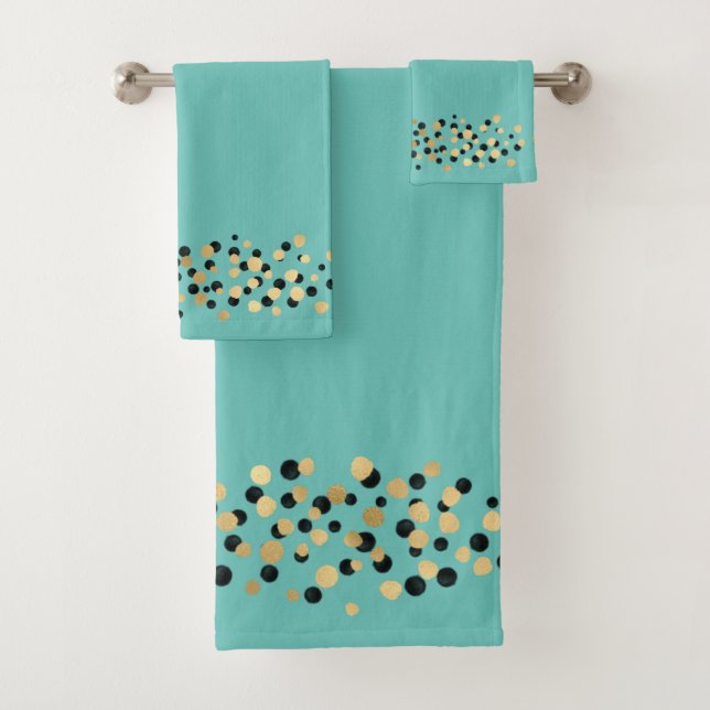 ELEGANT AQUA GOLD LEOPARD SPOT BATHROOM TOWEL SET (Insitu)