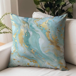 Elegant Aqua Gold Marble Throw Pillow