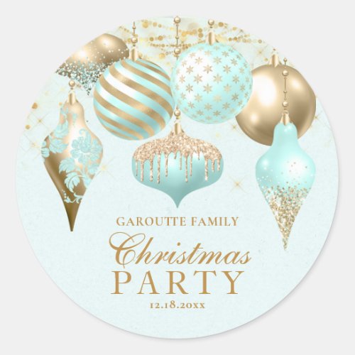 Elegant Aqua Gold Ornaments Christmas Party Classic Round Sticker