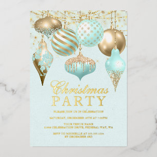 Elegant Aqua Gold Ornaments Christmas Party Foil Invitation