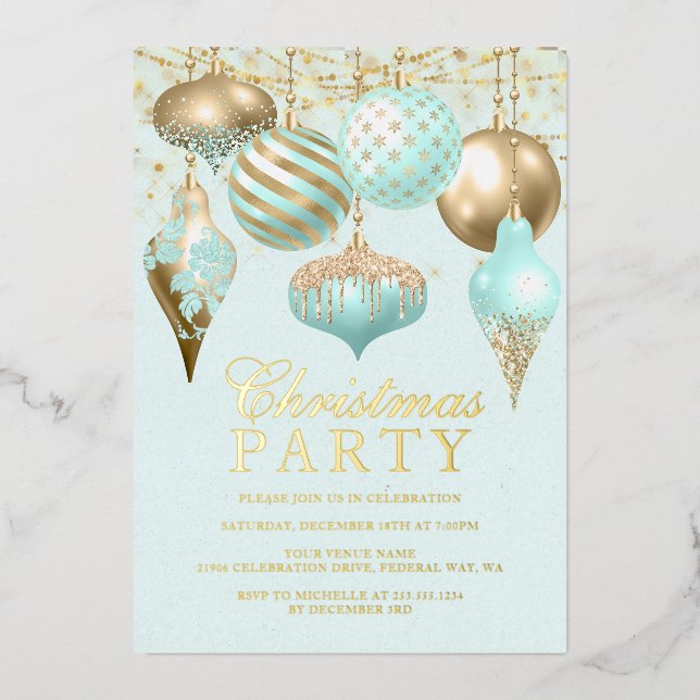 Elegant Aqua Gold Ornaments Christmas Party Foil Invitation (Front)