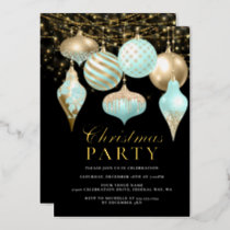 Elegant Aqua Gold Ornaments Christmas Party Foil Invitation