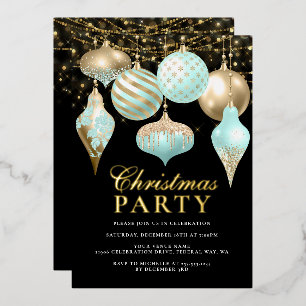 Elegant Aqua Gold Ornaments Christmas Party Foil Invitation