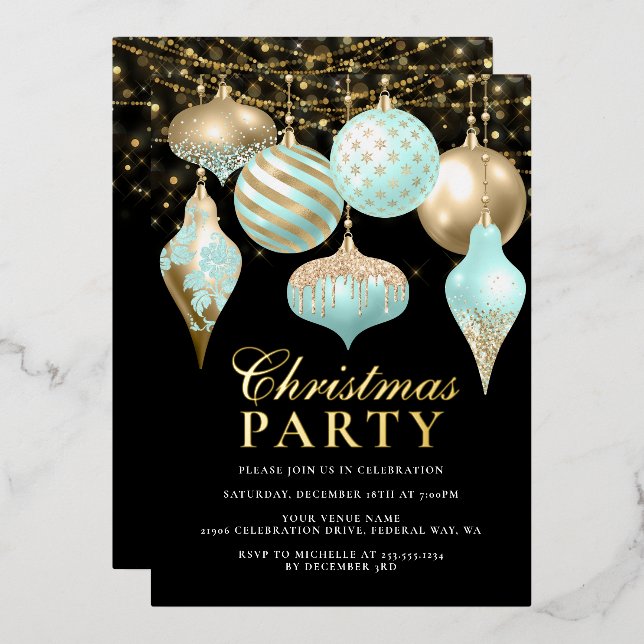 Elegant Aqua Gold Ornaments Christmas Party Foil Invitation (Front/Back)