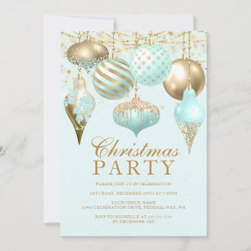 Elegant Aqua Gold Ornaments Christmas Party Invitation