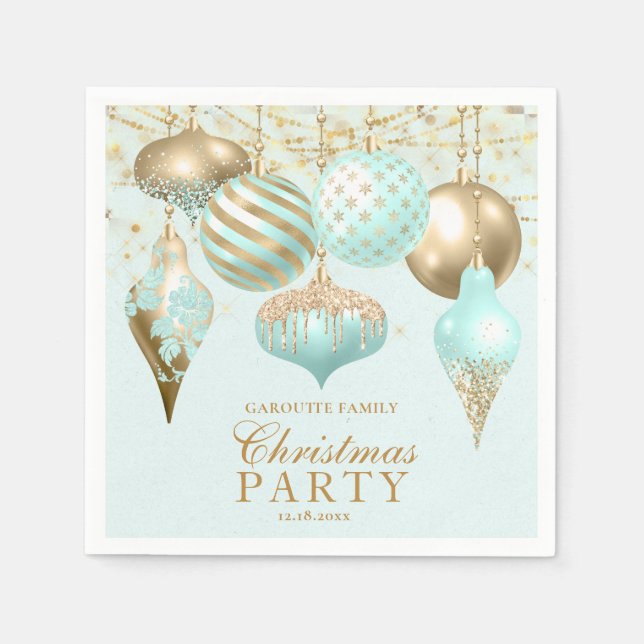 Elegant Aqua Gold Ornaments Christmas Party Napkins (Front)