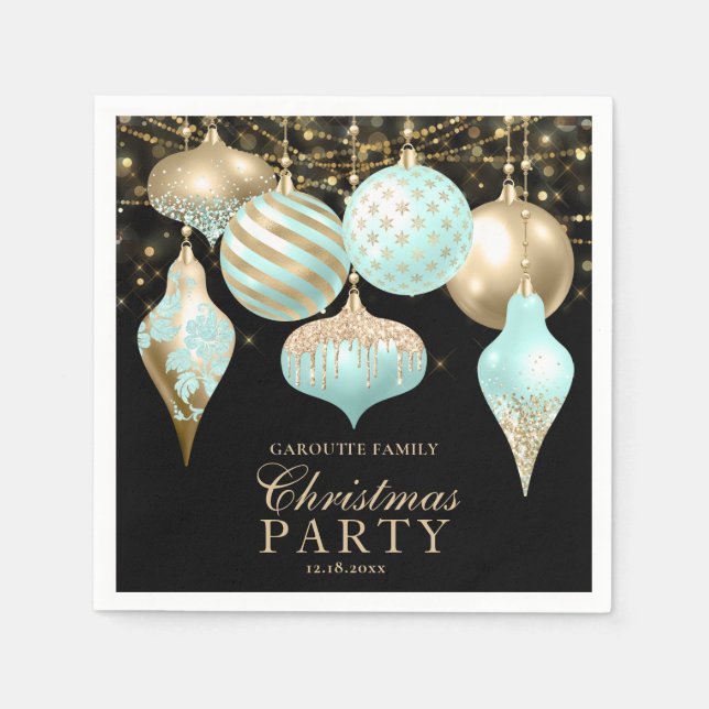 Elegant Aqua Gold Ornaments Christmas Party Napkins (Front)