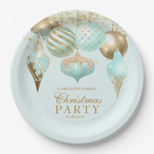 Elegant Aqua Gold Ornaments Christmas Party Paper Plates