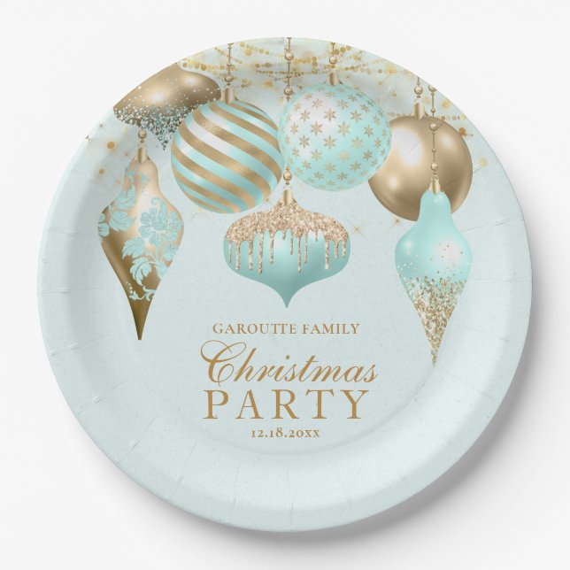Elegant Aqua Gold Ornaments Christmas Party Paper Plates (Front)