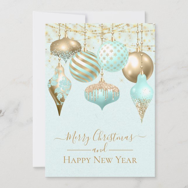 Elegant Aqua Gold Ornaments Merry Christmas  Card (Front)