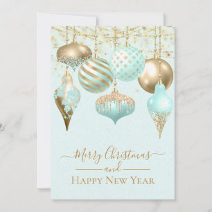 Elegant Aqua Gold Ornaments Merry Christmas  Card