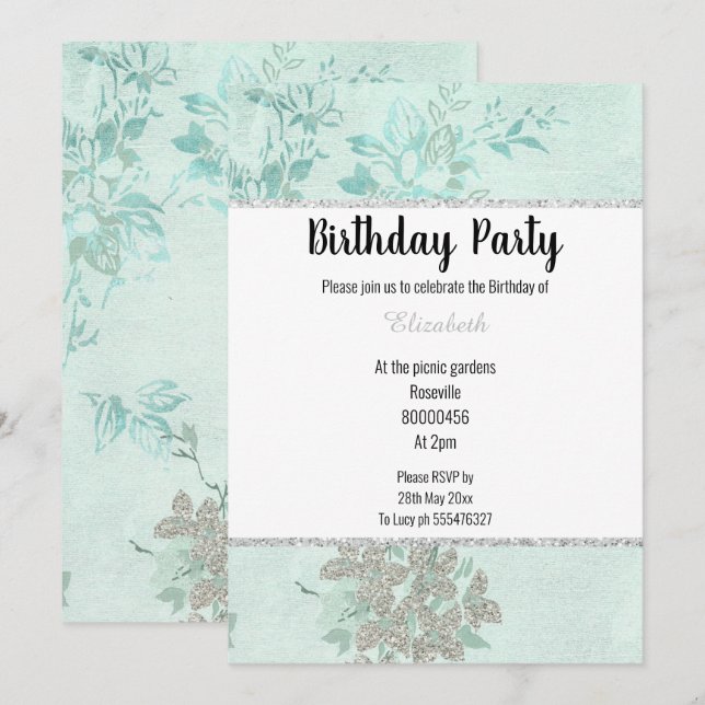 ELEGANT AQUA GREEN BLUE SILVER BIRTHDAY INVITATION (Front/Back)