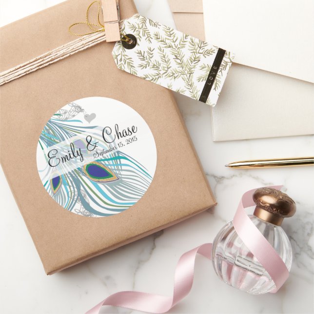Elegant Aqua Grey 3 Peacock Feathers Wedding Classic Round Sticker (Gifting)