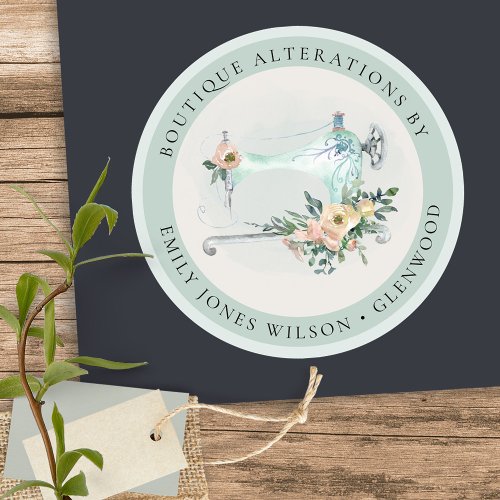 Elegant Aqua Grey Sewing Machine Floral Tailor Classic Round Sticker
