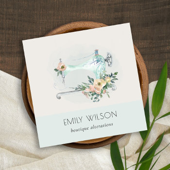 Elegant Aqua Grey Sewing Machine Floral Tailor  Square Business Card by DearBrand at Zazzle