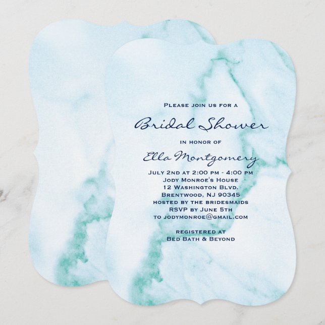 Elegant Aqua Marble Bridal Shower Invitation (Front/Back)
