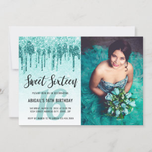 Elegant aqua mint glitter drips sweet sixteen invitation