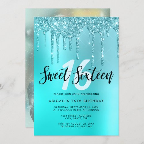 Elegant aqua mint glitter drips sweet sixteen invitation