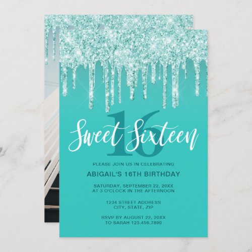 Elegant aqua mint glitter drips sweet sixteen  invitation