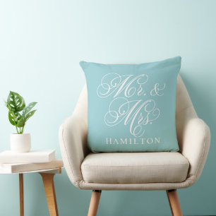Elegant Aqua Mr and Mrs Script Wedding Throw Pillow