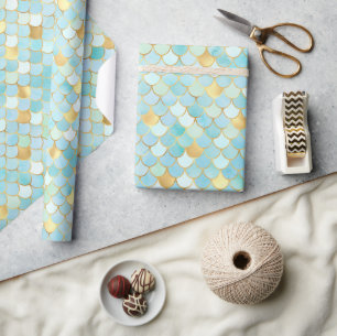 Elegant Aqua Ombre Foil & Gold Mermaid Scales Wrapping Paper