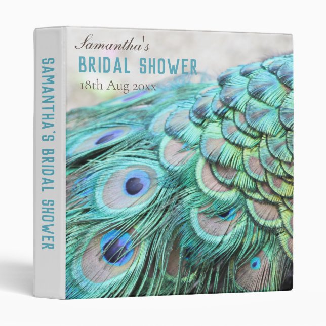 Elegant Aqua Peacock Feathers Bridal Shower Album 3 Ring Binder (Front/Spine)