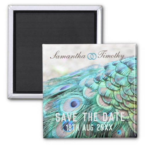 Elegant Aqua Peacock Feathers Save the Date Magnet