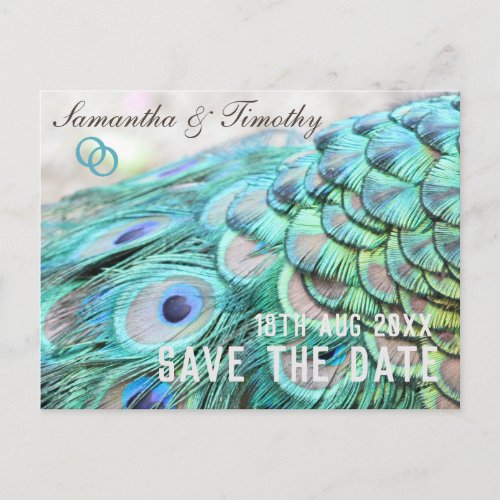 Elegant Aqua Peacock Feathers Save the Date Postcard
