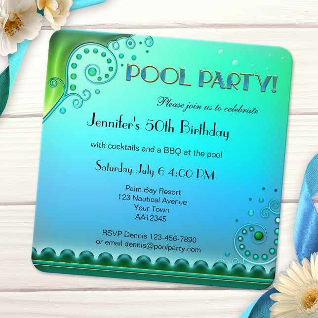 Elegant Aqua Pool Party Invitation (Fancy artistic teal green adult pool party invitation)
