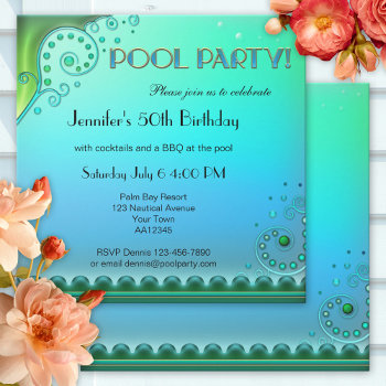 Elegant Aqua Pool Party Invitation by sunnysites at Zazzle