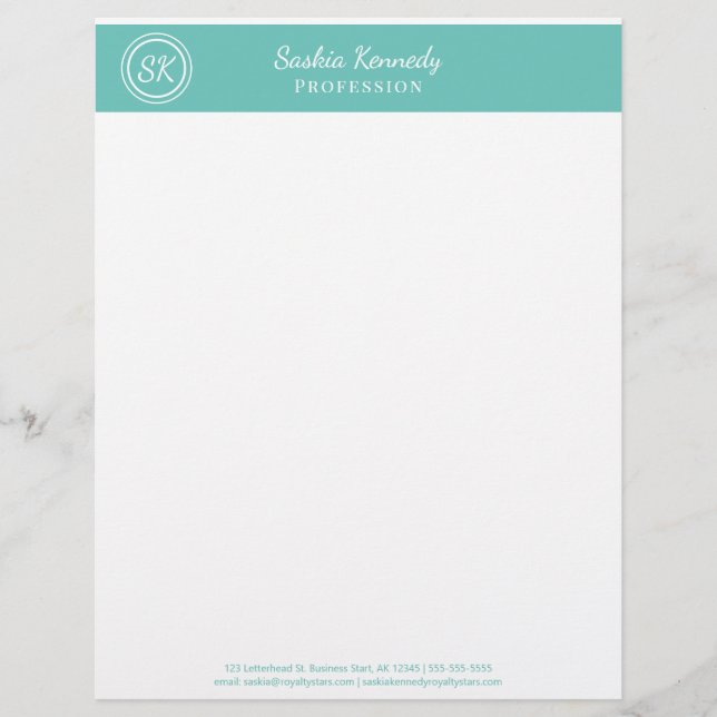 Elegant Aqua Professional Monogram Business Letterhead (Front)