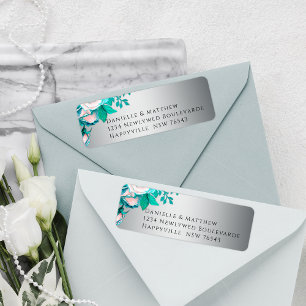 Elegant Aqua Roses on Silver Wedding Label