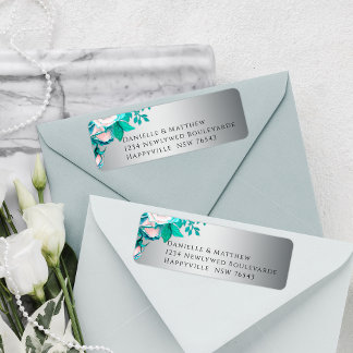 Elegant Aqua Roses on Silver Wedding Label