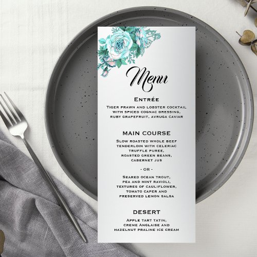 Elegant Aqua Roses on Silver Wedding  Menu