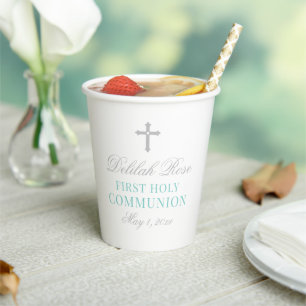 Elegant Aqua Silver First Communion Girl Paper Cups