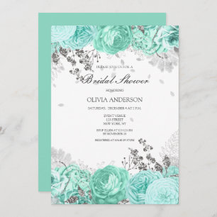 Elegant Aqua Silver Floral Bridal Shower Invitation