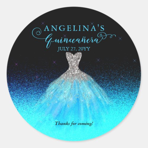 Elegant Aqua  Silver Spanish Gown Quinceaera  Classic Round Sticker