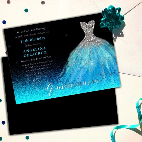 Elegant Aqua Spanish Gown Quinceaera _ Silver Foil Invitation