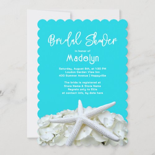 Elegant Aqua Starfish Hydrangea Bridal Shower Invitation