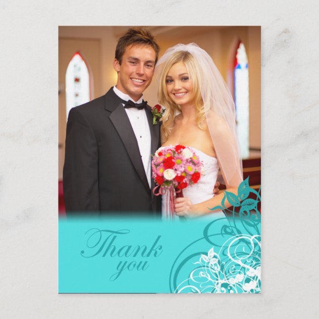 Elegant aqua swirls wedding thank you postcard (Front)