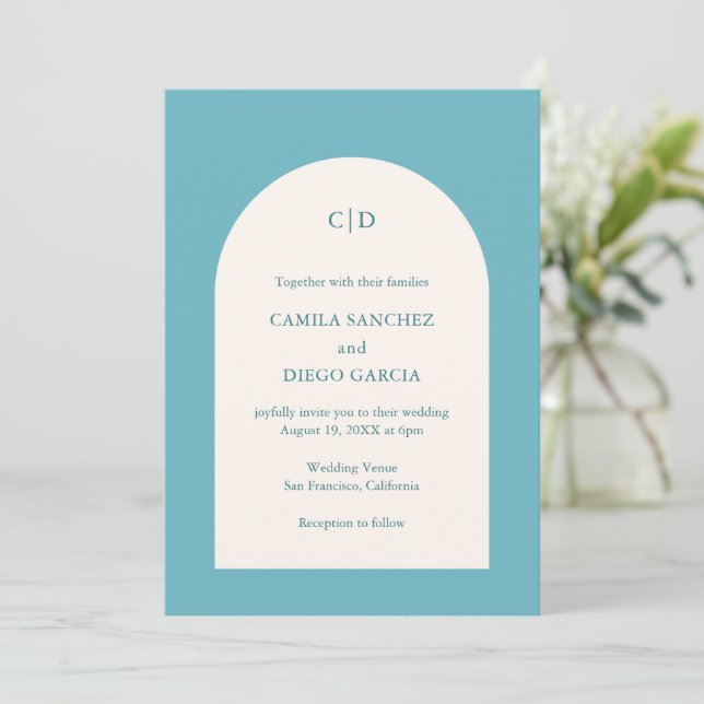 Elegant Aqua Teal Arch Modern Wedding Invitation (Standing Front)