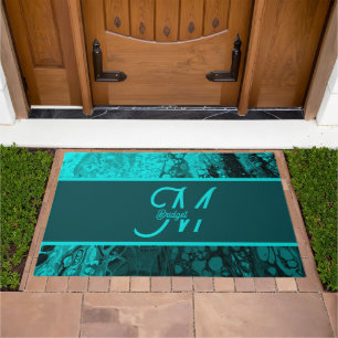 Elegant Aqua Teal bold Script Monogram Doormat