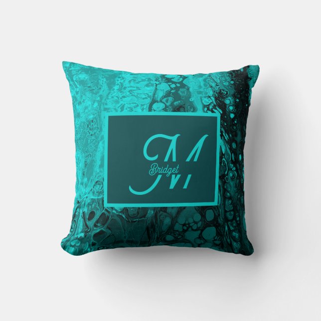 Elegant Aqua Teal marble bold typography Monogram Throw Pillow (Front)
